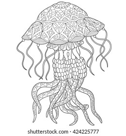 Zentangle stylized cartoon jellyfish, isolated on white background. Hand drawn sketch for adult antistress coloring page, T-shirt emblem, logo or tattoo with doodle, zentangle, floral design elements.