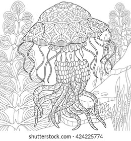 Zentangle stylized cartoon jellyfish swimming among seaweed (alga). Hand drawn sketch for adult antistress coloring page, T-shirt emblem, logo or tattoo with doodle, zentangle, floral design elements.