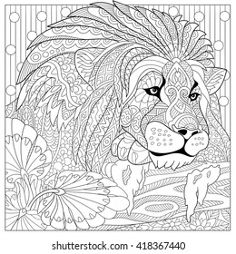 Zentangle stylized cartoon lion (wild cat, leo zodiac). Hand drawn sketch for adult antistress coloring page, T-shirt emblem, logo or tattoo with doodle, zentangle, floral design elements.