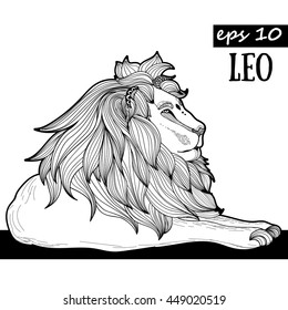 Zentangle stylized cartoon lion (wild cat, leo zodiac). Hand drawn sketch for adult antistress coloring page, T-shirt emblem, logo or tattoo with doodle, zentangle, floral design elements.