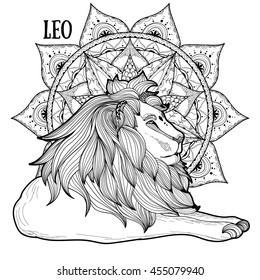 Zentangle stylized cartoon lion (wild cat, leo zodiac). Hand drawn sketch for adult antistress coloring page, T-shirt emblem, logo or tattoo with doodle, zentangle, design elements.