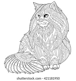 Zentangle stylized cartoon maine coon (american longhair) cat. Hand drawn sketch for adult antistress coloring page, T-shirt emblem, logo or tattoo with doodle, zentangle, floral design elements.