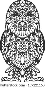Zentangle stylized cartoon owl. Hand drawn sketch for adult antistress coloring page