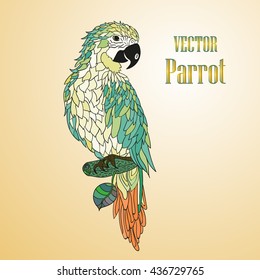 Zentangle stylized cartoon parrot. Hand drawn colored illustration for T-shirt emblem, logo or tattoo with floral design elements.