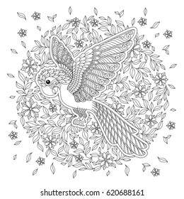 Zentangle stylized cartoon parrot . Hand drawn sketch for adult antistress coloring page, T-shirt emblem, logo or tattoo with floral design elements.