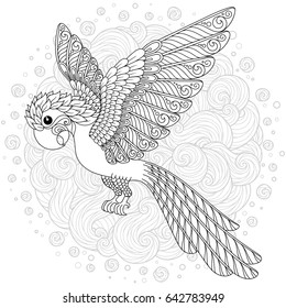 Zentangle stylized cartoon parrot . Hand drawn sketch for adult antistress coloring page, T-shirt emblem, logo or tattoo with floral design elements.