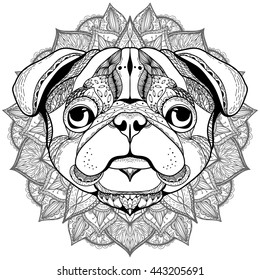 Zentangle stylized cartoon of  PUG. Hand drawn sketch for adult antistress coloring page, T-shirt emblem, logo or tattoo with doodle