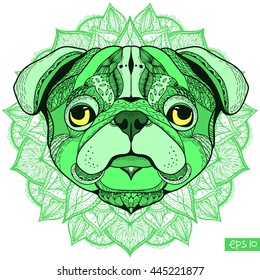 Zentangle stylized cartoon of  PUG. Hand drawn sketch for adult antistress coloring page, T-shirt emblem, logo or tattoo with doodle