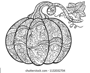 Zentangle stylized cartoon pumpkin isolated on white background. Perfect for adult antistress coloring page, T shirt print, logo or tattoo with doodle, invitation, greeting card.