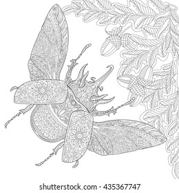 Zentangle stylized cartoon rhinoceros beetle, oak leaves and acorns. Hand drawn sketch for adult antistress coloring page, T-shirt emblem, logo, tattoo with doodle, zentangle, floral design elements.
