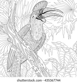 Zentangle stylized cartoon rhinoceros hornbill bird (Buceros rhinoceros). Hand drawn sketch for adult antistress coloring page, T-shirt emblem, logo, tattoo with doodle, zentangle, floral elements.