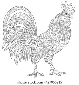 Zentangle stylized cartoon rooster (cock), isolated on white background. Hand drawn sketch for adult anti stress coloring page, T-shirt emblem, logo or tattoo with doodle, zentangle design elements.