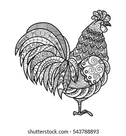 Zentangle stylized cartoon rooster.  Freehand sketch for adult anti stress coloring book page. EPS10