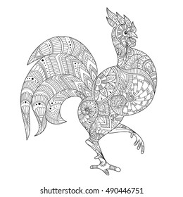 Zentangle stylized cartoon rooster, isolated on white background