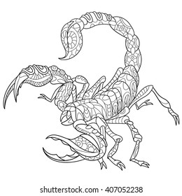 Zentangle stylized cartoon scorpio - zodiac sign in horoscope. Hand drawn sketch for adult antistress coloring page, T-shirt emblem, logo or tattoo with doodle, zentangle, floral design elements.