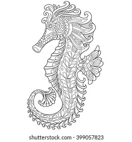 Zentangle stylized cartoon seahorse, isolated on white background. Hand drawn sketch for adult antistress coloring page, T-shirt emblem, logo or tattoo with doodle, zentangle, floral design elements.