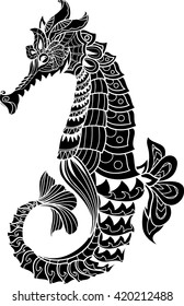 Zentangle stylized cartoon seahorse, isolated on white background. Hand drawn sketch for adult antistress coloring page, T-shirt emblem, logo or tattoo with doodle, zentangle, floral design elements.