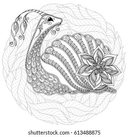 Zentangle stylized cartoon snail crawling among narcissus flowers. Sketch for adult antistress coloring page. Hand drawn doodle, zentangle, floral design elements for coloring book.