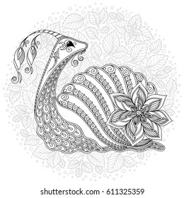 Zentangle stylized cartoon snail, isolated on white background. Sketch for adult antistress coloring page. Hand drawn doodle, zentangle, floral design elements for coloring book.