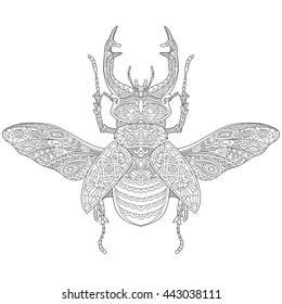 Zentangle stylized cartoon stag beetle (deer beetle, Lucanus cervus). Hand drawn sketch for adult antistress coloring book page, T-shirt emblem, logo, tattoo with doodle, zentangle design elements.