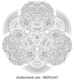 Zentangle stylized cartoon three lion masks, isolated on white background. Sketch for adult antistress coloring page. Hand drawn doodle, zentangle, floral design elements for coloring book.