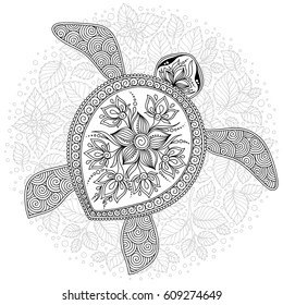 Zentangle stylized cartoon turtle, isolated on white background. Hand drawn sketch for adult antistress coloring page, T-shirt emblem, logo or tattoo with doodle, zentangle, floral design elements.