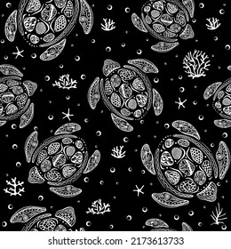 Zentangle stylized cartoon turtle seamless. Pattern with turtle and seaweed.
