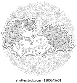 Zentangle stylized cartoon unicorn isolated on white background. Perfect for adult antistress coloring page, T shirt print, logo or tattoo with doodle, invitation, greeting card.