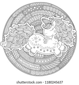 Zentangle stylized cartoon unicorn isolated on white background. Perfect for adult antistress coloring page, T shirt print, logo or tattoo with doodle, invitation, greeting card.