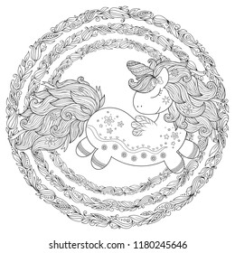 Zentangle stylized cartoon unicorn isolated on white background. Perfect for adult antistress coloring page, T shirt print, logo or tattoo with doodle, invitation, greeting card.
