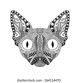 Zentangle stylized Cat Face, tribal animal totem for adult anti stress coloring pages. Hand Drawn Sphinx vector illustration. Sketch hypnotic look for tattoo or makhenda. Animal collection.