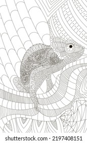 Zentangle stylized chameleon lizard antistress coloring page for adults in black and white style for print