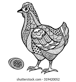 Zentangle stylized chicken with egg.Vector illustration isolated on white background.