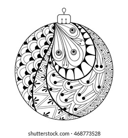Zentangle stylized Christmas ball. Freehand artistic ethnic vector illustration for adult coloring pages, art therapy, bohemian tattoo, t-shirt patterned print, posters, logo, banners.