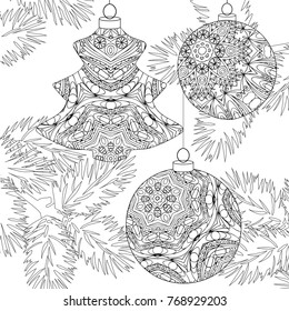Zentangle stylized Christmas decorations with spruce branches. Hand Drawn lace vector illustration