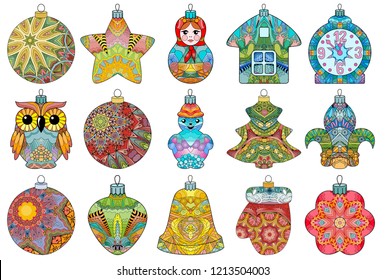 Zentangle stylized Christmas set of decorations. Hand Drawn lace vector illustration