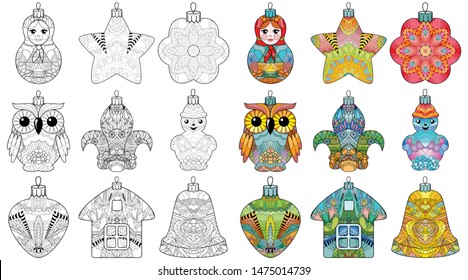 Zentangle stylized Christmas set of decorations. Hand Drawn lace vector illustration