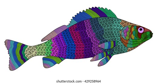 Zentangle stylized color fish. Hand Drawn vector illustration. Books or tattoos with high details isolated on white background.
