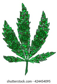 Zentangle stylized color the leaf of cannabis.Hand Drawn vector illustration. Books or tattoos with high details isolated on white background. 