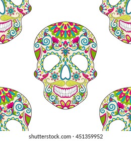 Zentangle stylized color Skull for Halloween, seamless pattern for adult anti stress coloring page and book with doodle elements. Ethnic ornamental vector illustration for tattoo, t-shirt or prints