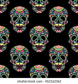 Zentangle stylized color sugar Skull for Halloween, dark seamless pattern  with artistically doodle elements. Ethnic ornamental vector illustration for tattoo, t-shirt or prints, coloring book