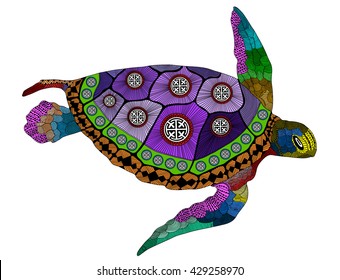 Zentangle stylized color turtle. Hand Drawn vector illustration. Books or tattoos with high details isolated on white background. Collection of reptiles.