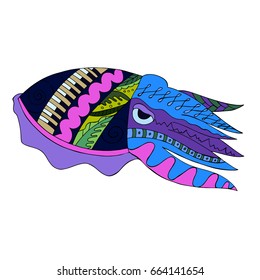 Zentangle stylized colorful Cuttlefish isolated on white background. Ornamental pattern for card, print, poster and t-shirt design. Vector illustration.