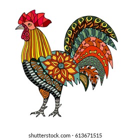 Zentangle stylized colorful rooster isolated on white background. Symbol 2017. Ornamental pattern for card, print, poster and t-shirt design. Vector illustration.