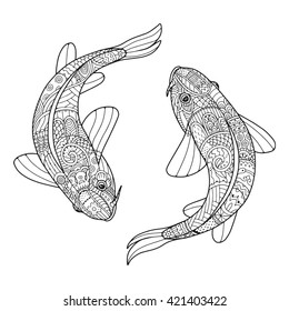 Zentangle stylized couple of fish. Two koi carps. Zen art for adult antistress coloring page.