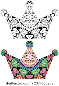 Zentangle stylized crown for coloring. Hand Drawn lace vector illustration. Color and outline set