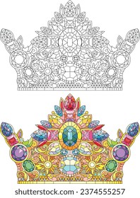 Zentangle stylized crown for coloring. Hand Drawn lace vector illustration. Color and outline set