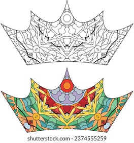 Zentangle estilizó la corona para colorear. Ilustración vectorial de encaje dibujado a mano. Conjunto de colores y contorno