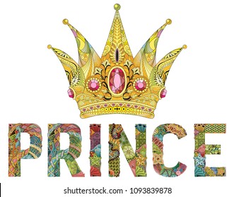 Zentangle stylized crown with word prince. Hand Drawn lace vector illustration