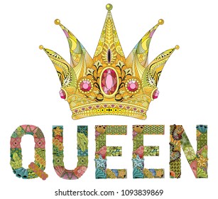 Zentangle stylized crown with word queen. Hand Drawn lace vector illustration